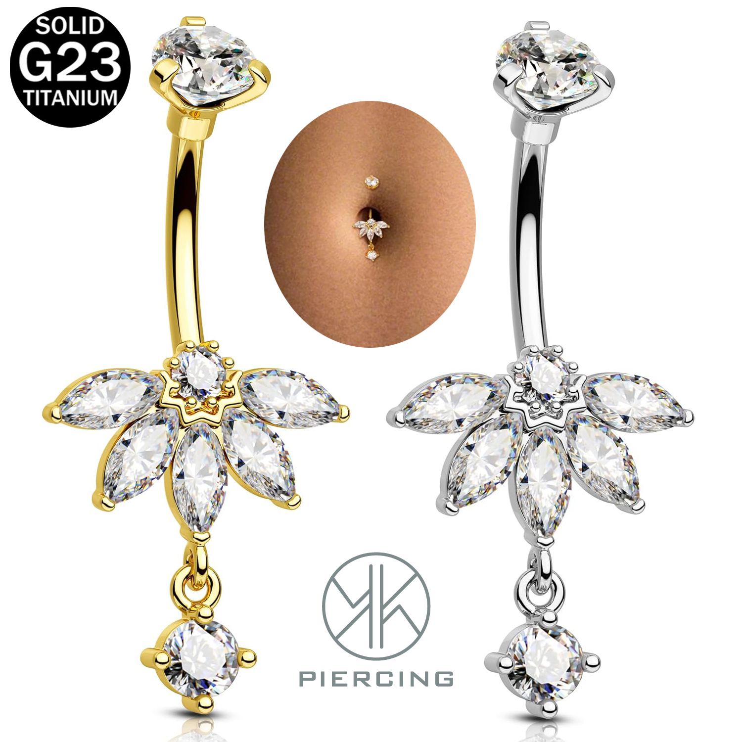 Belly Bar Titanium - Lotus-design CZ Belly Button Rings 14G
