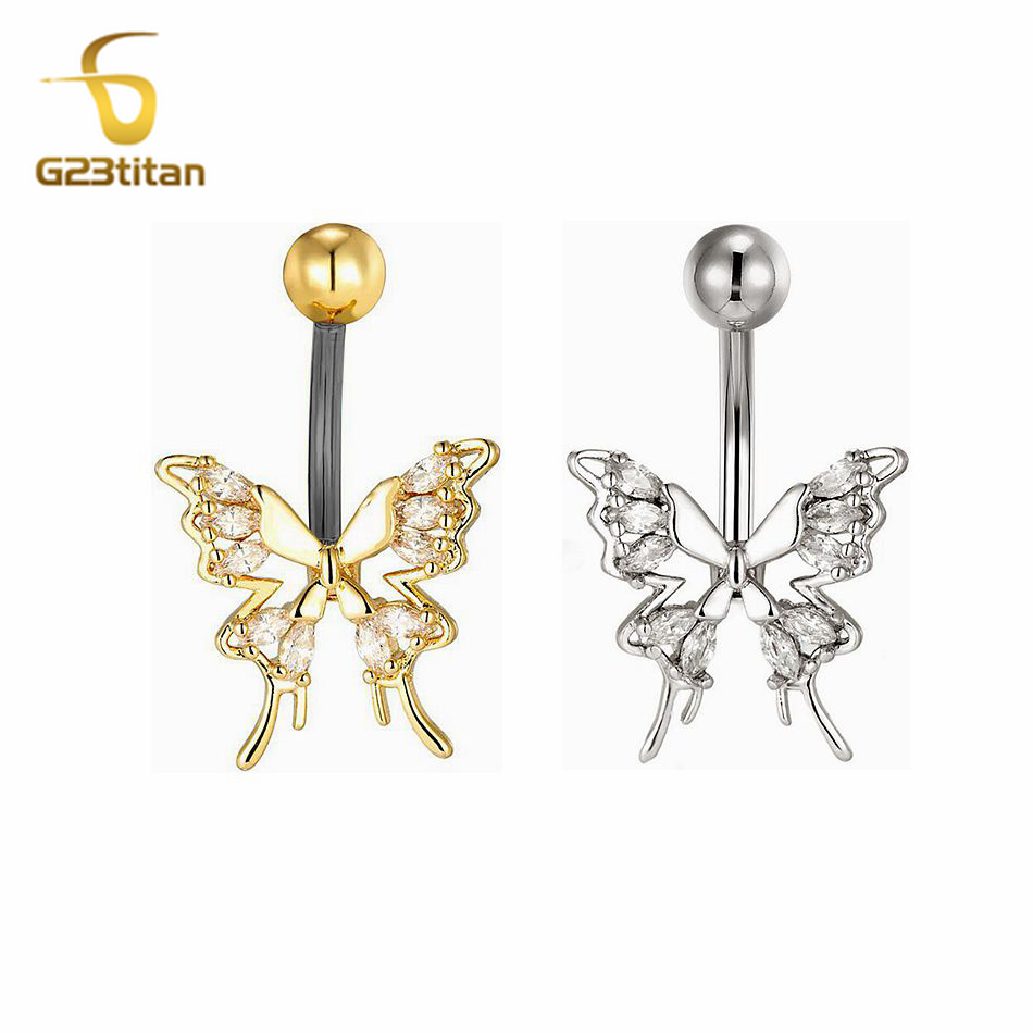 Belly Bar Titanium - Beautiful Crystal Zircon Butterfly Navel Ring